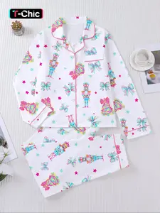 【Christmas】Women's Christmas Pajama Set, Casual Style Snowflake Print, Long Sleeve Button Front Top & Elastic Pants, Fall Winter Sleepwear