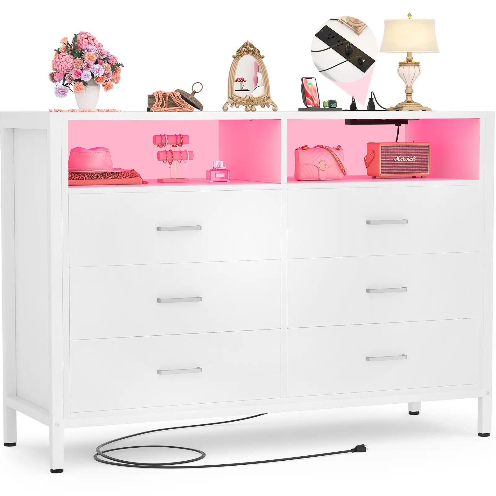 Homieasy White Dresser for Bedroom, 6 Drawer Dresser with LED Lights and Outlet, Dresser TV Stand for Living Room, Hallway, Entryway dresser for baby