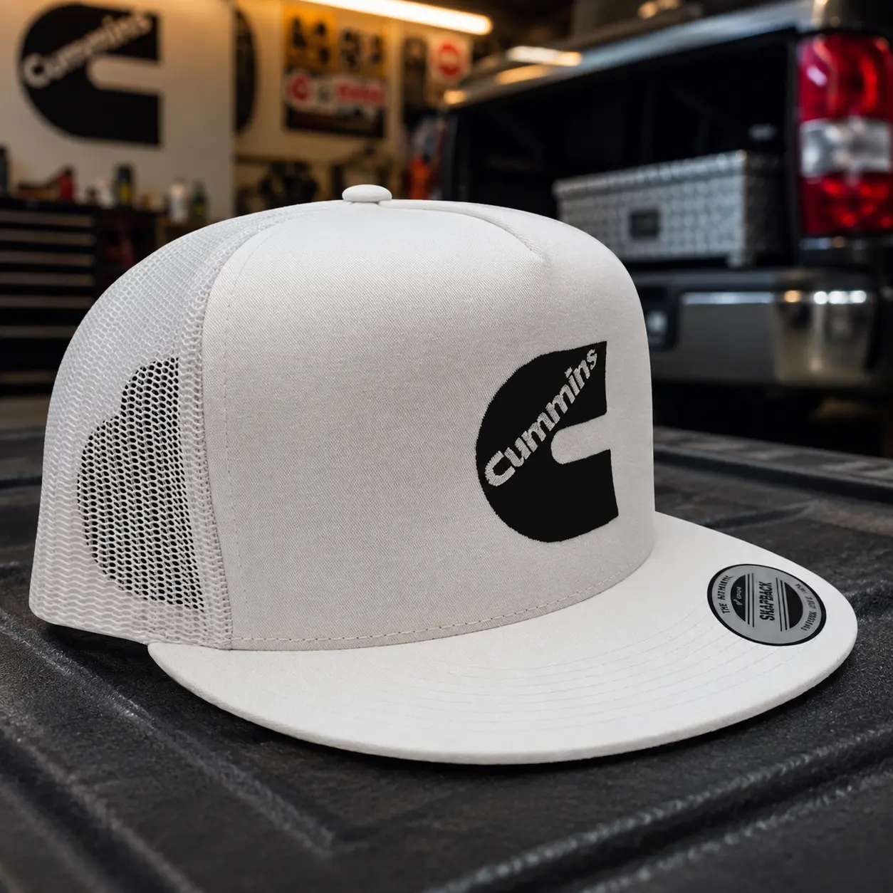 [BEST SELLER 2026] Cummins Trucker Hat, White Diesel Power Snapback Cap, Embroidered Mesh Back Hat, Truck Driver Gift, Mechanic Workwear Hat for Men