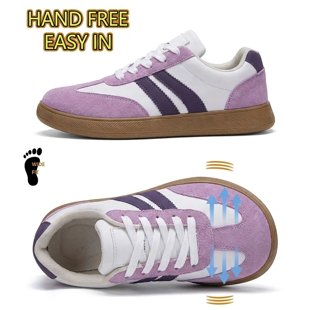 Wide Fit Women's Waterproof PU & Faux Suede Breathable Skate Sneakers, Roomy Wide Toe Box Hands Free Step-In Lazy Slip On Shoes, Wear Resistant Gum Outsole Vintage Three Stripe Fashion Casual Trainers All Season Daily Wear