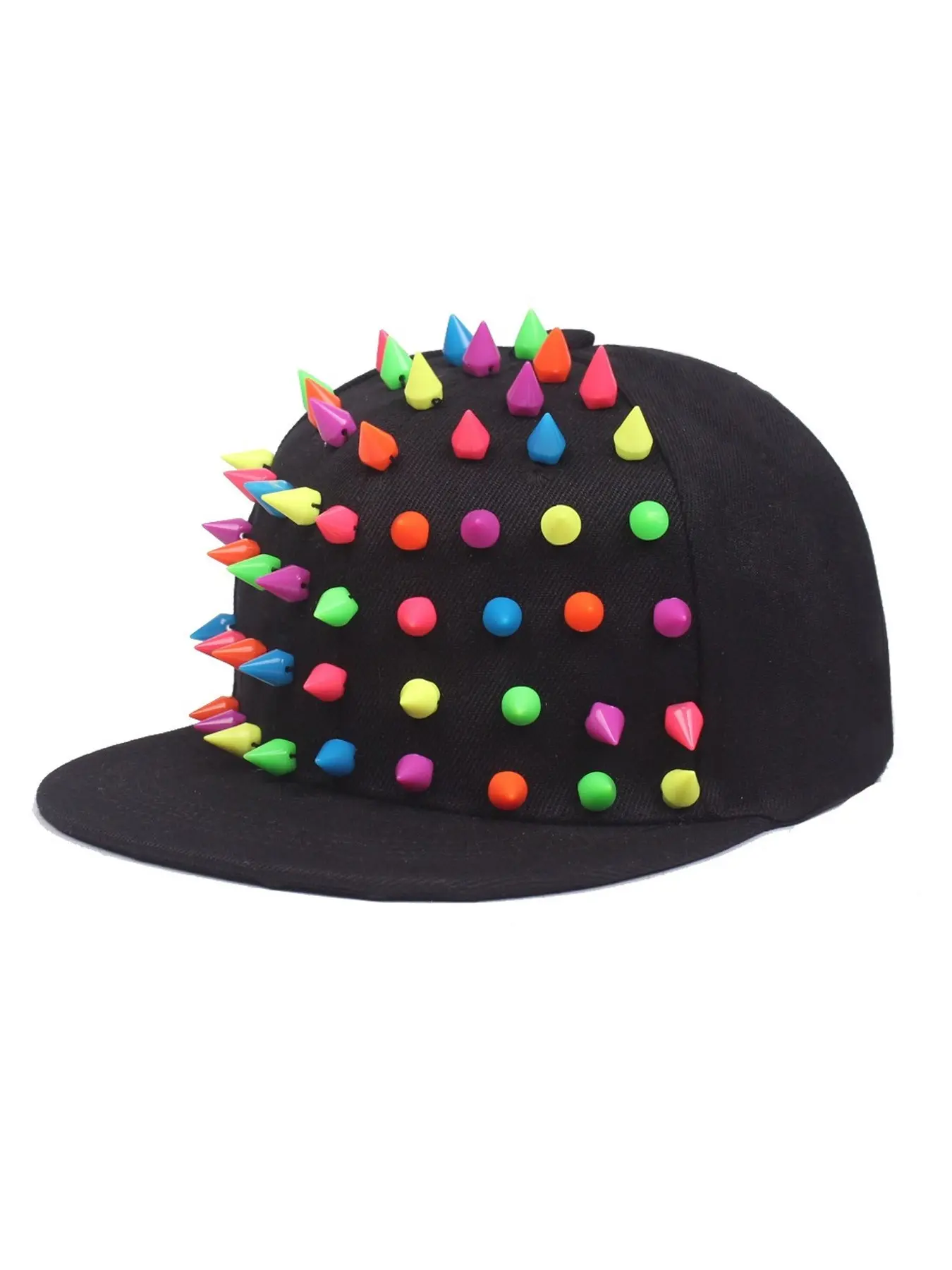 Neon Multicolor Spike Studded Snapback Hat, Punk Rock Style Flat Brim Baseball Cap, Adjustable Bold Statement Headwear, Halloween Party, Music Festival