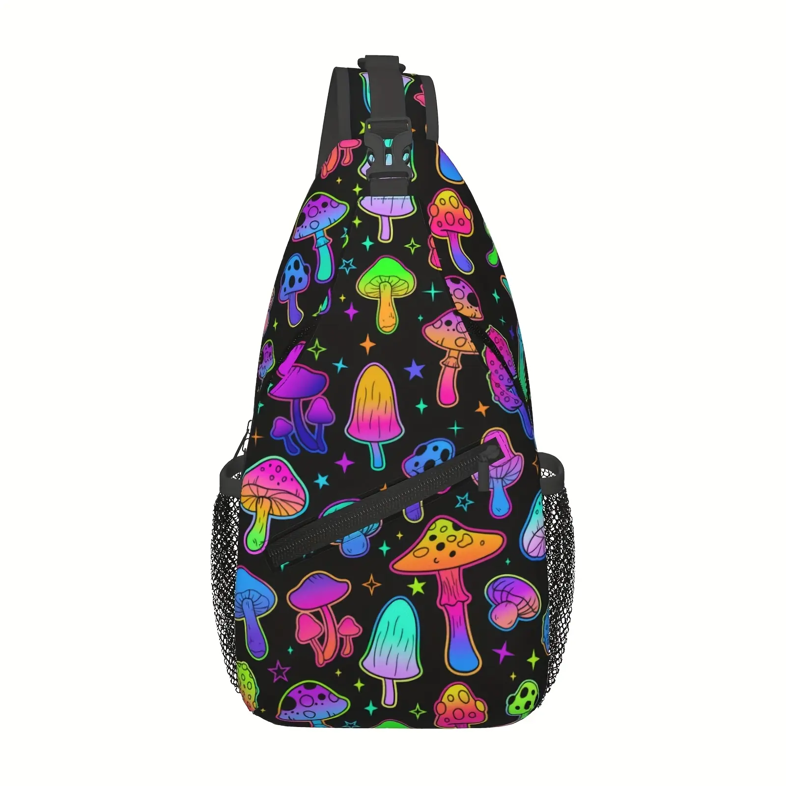 Men's Neon Mushroom Print Sling Bag, Preppy Polyester Crossbody Chest Pack for Athletic, Party & Casual Wear with Side Pockets, Polyester Fabric, Camera, Zipper, Chest Bag, Holiday, Storage Space, Bum Bag