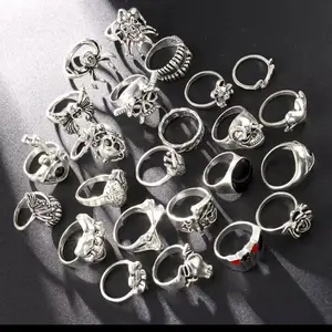 Gothic Skeleton Unisex Ring Set 24 Pcs Punk Grunge Jewelry for Women and Men Unique Skull Design