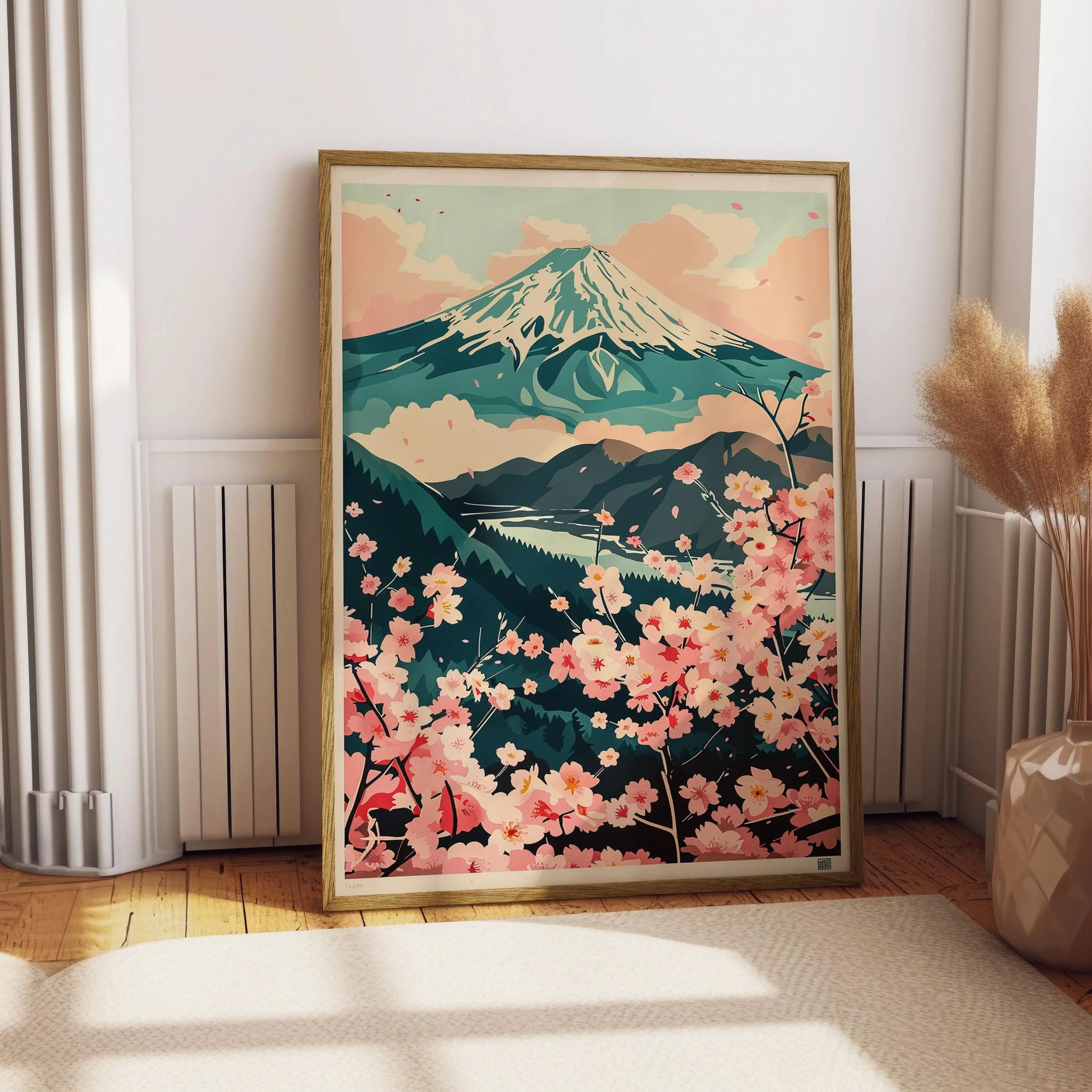 [SALE UP TO 40%] [Unframed] Mount Fuji Print, Cherry Blossom Sakura, Japandi Wall Art, Pink & Teal