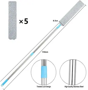 Retractable Gap Duster with 60" Extension Pole, Flexible Microfiber Brush for Under Appliances, Furniture & Tight Spaces, Washable Flat Duster for Fridge Stove Couch Crevices (5 Replacement Fabric)