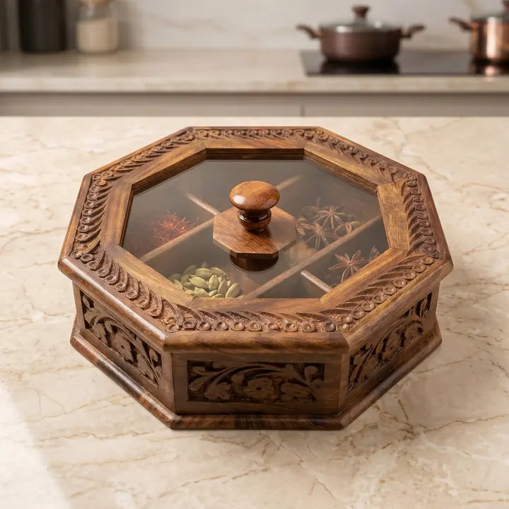 Handcrafted Wooden Spice Box with Glass Lid - 6-Compartment Premium Kitchen Food Storage Container