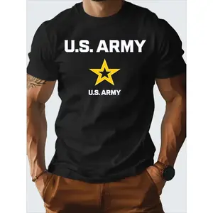Men's U.S. Army Star Print T-Shirt - 100% Cotton, Crew Neck, Short Sleeve, Military Style, Comfortable and Breathable, Suitable for Spring and Summer Casual Wear, Exercise, and Outdoor Activities