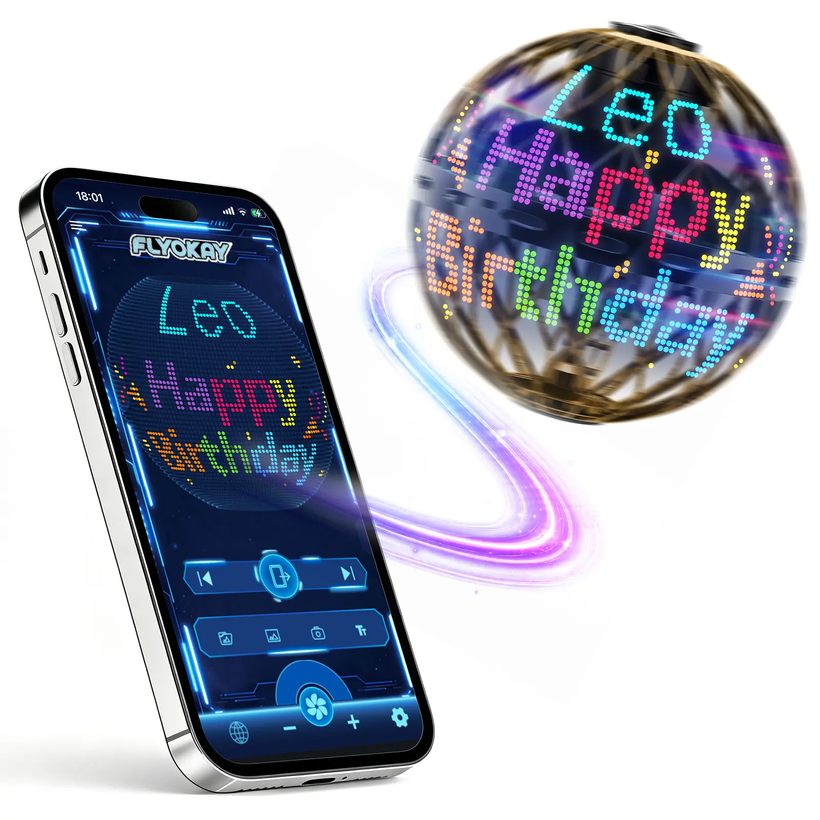 FLYOKAY Upgraded Wireless Flying Orb Ball - App-Controlled LED Display, Custom Photos & GIFs, Hover, Spin, Boomerang Flight, Premium Gift Box, Unisex 6+ Years Smart Control Playful Flying Toy, Ideal Birthday Gift, Playful Flying Toys