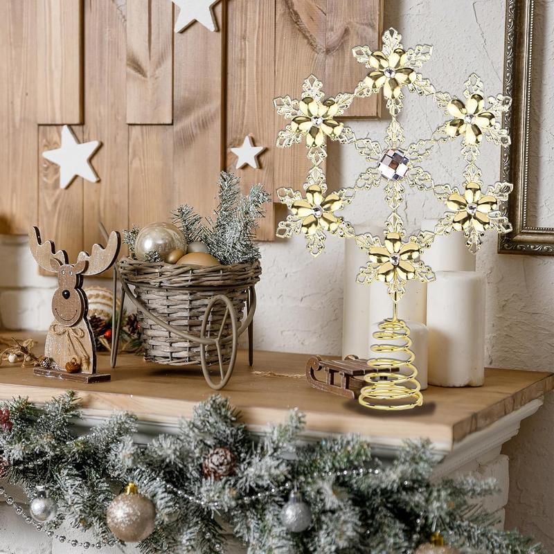 Exquisite Gold Christmas Tree Topper, 11" Snowflake Tree Toppers Chrismtas Decorations with Crystal Poinsettias Flowers, Metal Treetop Xmas Winter Holiday Decor, Vintage Snowflake Gem Jewel Ornaments