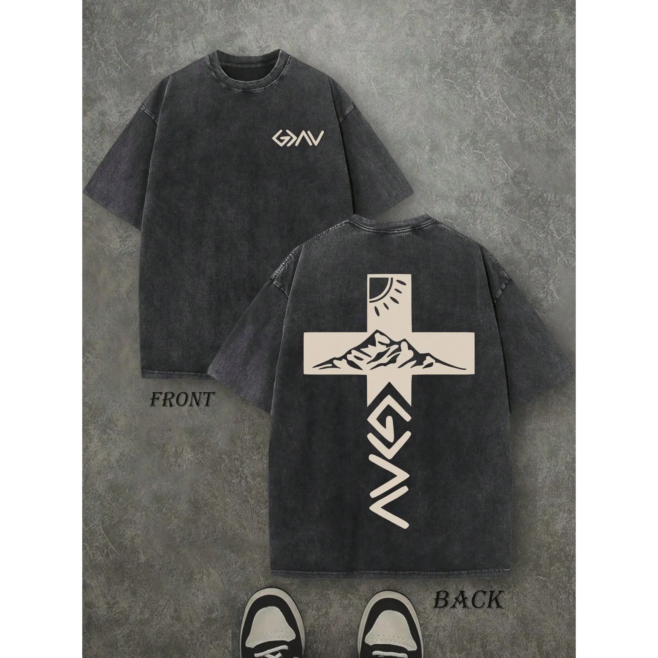 Retro Washed T-Shirt Double Sided Printed (230 Pure Cotton T-Shirt) 'God Is Greater Than Our Highs And Lows' Letter Print, Christian Gift, Men's T-Shirt, Men's Casual, Comfortable, Fashionable T-Shirt, Street Style Cotton