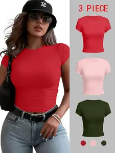 Women's Slim Fit Round Neck Short Sleeve Crop Top, Casual Plain Design, Perfect for Daily Wear & Stylish, Comfortable Women's Clothing