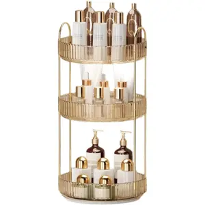 360° Rotating Makeup Organizer for - 3 Tier Perfume Organizer with Large Capacity - Skincare Organizer for Counter --Saving Cosmetic for Dresser Countertop (Gold)
