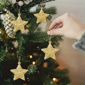 12/24pcs Glitter Star Ornaments - Sparkling Mini Hanging Stars, Lightweight & Reusable 3D Christmas Tree Decorations with Golden & Design, Christmas Decorations, Best For Christmas