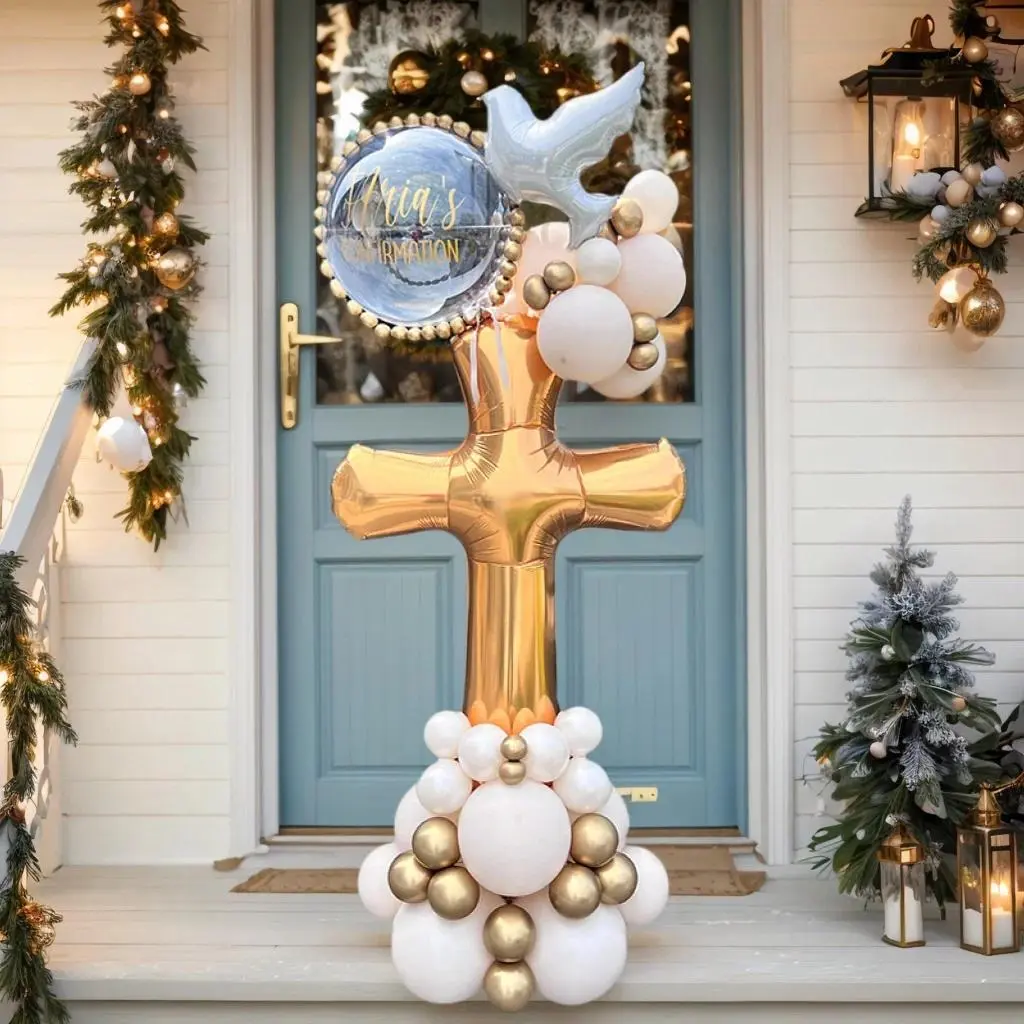40pc/Set Golden Cross Balloon Bouquet, Elegant White Balloon Decor for Religious Confirmation Celebrations, Special Occasions