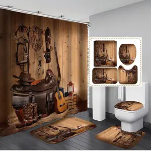 4pcs Cowboy Guitar Printed Shower Curtain Set with Non-slip Bath Rug and Toilet Accessories