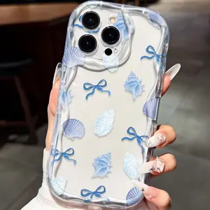 Blue Shell Bowknot Tpu Wave Edge Anti-Drop Protection Phone Case for Apple iPhone 16/16 Pro Max/11/13/14/15, Gift for Men and Women, Cover