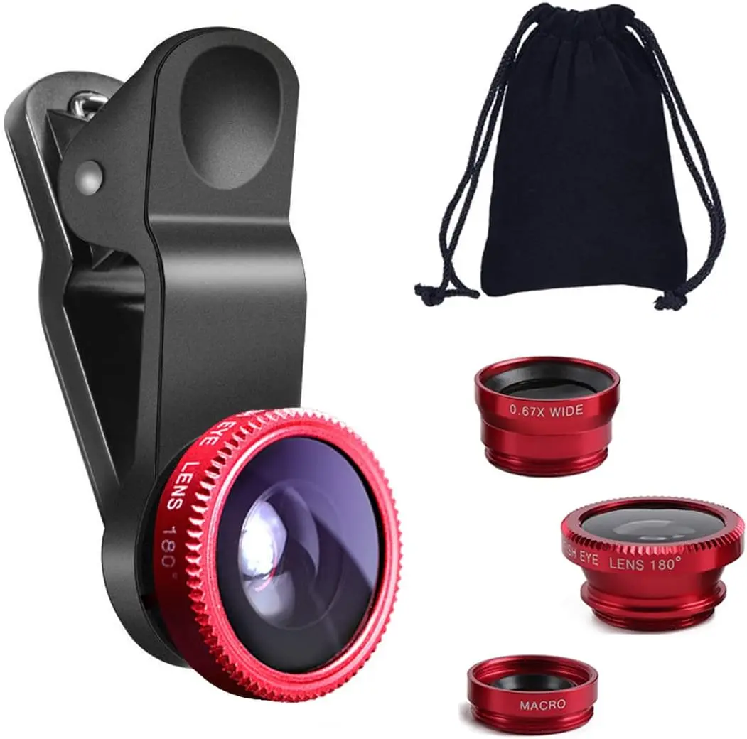 3 in 1 Universal Fish Eye Lens, Macro Clip Lens Wide-Angle Camera Lens Kit for iPad iPhone Samsung Android and Most Smartphones (Red)