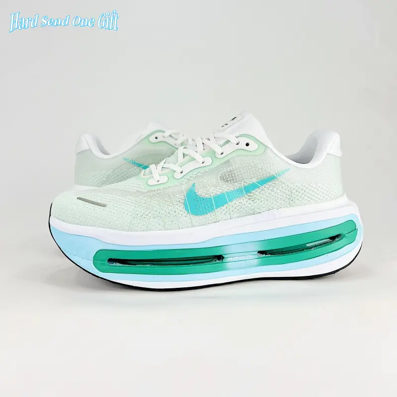 Daily lightweight platform trainer sneakers use seamless sheer soft breathable woven mesh upper, uniform pale mint knit base with gradient turquoise air cushion pockets, perforated mesh ventilation, flexible full air midsole
