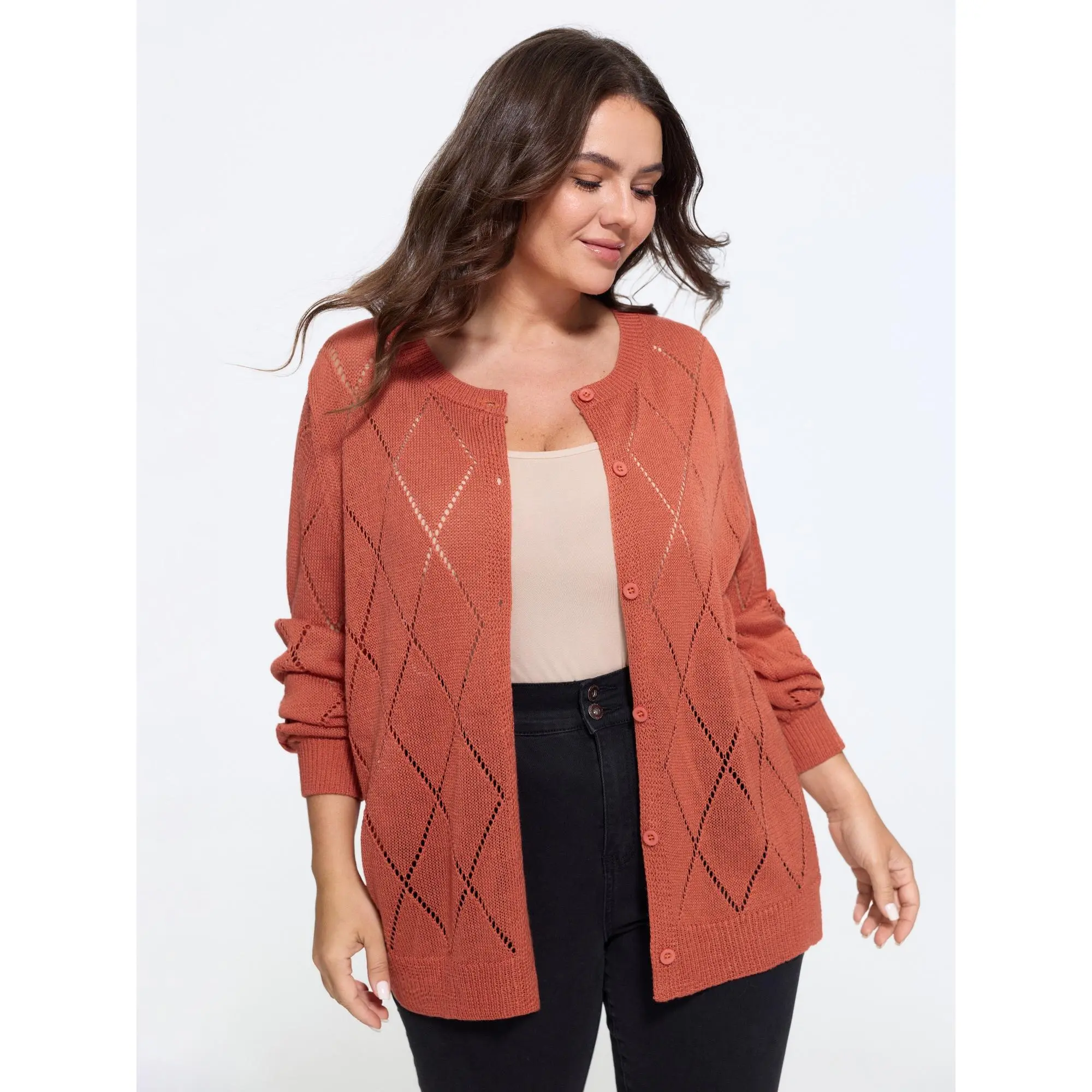 BLOOMCHIC Plus Size Diamond Hollow Button Long Sleeve Cardigan[M-6X] Summerfinds