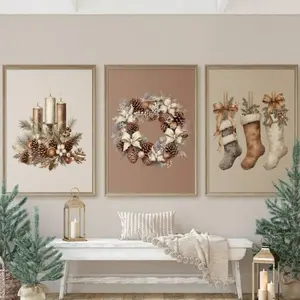 3pcs Wooden Frame Fir Tree Canvas Art Print, Rustic Christmas Stocking Wall Decor, Simple Style Holiday Decoration, Modern Home Decor, Mdf Material, Made in China