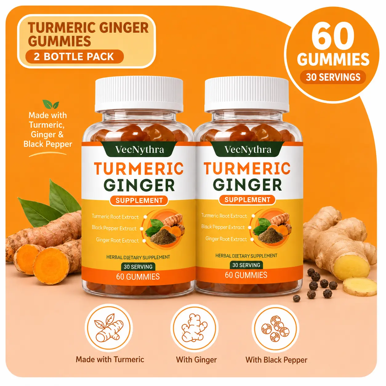 VecNythra Turmeric Gummies – Delicious Daily Wellness Support – With Black Pepper Extract – 2-Pack - 120 Gummies - 60-Day Supply