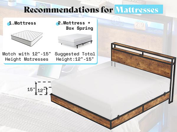 AMERLIFE Floating Bed Frame with 2-Tier Storage Headboard, Metal Bed Frame with Charging Station & LED Lights, No Box Spring Needed
