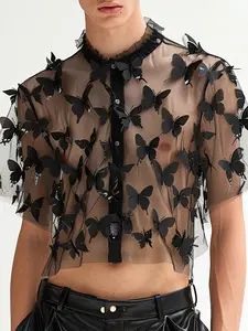 INCERUN  Men's Fashion Sexy Mesh Shirt, Breathable Menswear, Mesh See-through Butterfly Short Sleeve Top, Casual Daily Wear