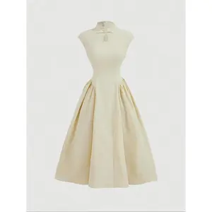 Women’s flat-neck A-line summer dress, elegant and fashionable casual long dress with a back zipper, suitable for everyday outdoor wear, GARMENTARY