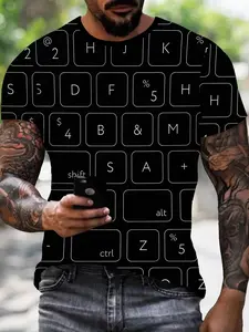 Men's Full-Print Keyboard Key T-Shirt, Programmer Style Short Sleeve, Casual Streetwear, Daily Wear Fashion Menswear