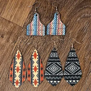 Native Print Earrings Pressed Wood/Faux Leather