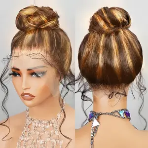 【28 Inch Only $89】Anyweek Honey Blonde 360 Wig Human Hair Hidden Strap Drawstring Highlight Ombre Drawstring 360 Body Wave Lace Front Wigs Human Hair Pre Plucked 180 Density Glueless Wigs for Black Women Full Frontal Lace Wig 4/27 Colored