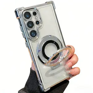 Premium Luxury Electroplated Magnetic Case with Built-in Kickstand, Shockproof Transparent Protective Shell with Acrylic Back, Compatible with Samsung Galaxy S26/S25/S24 Ultra/S23/S22/Note 20 Plus