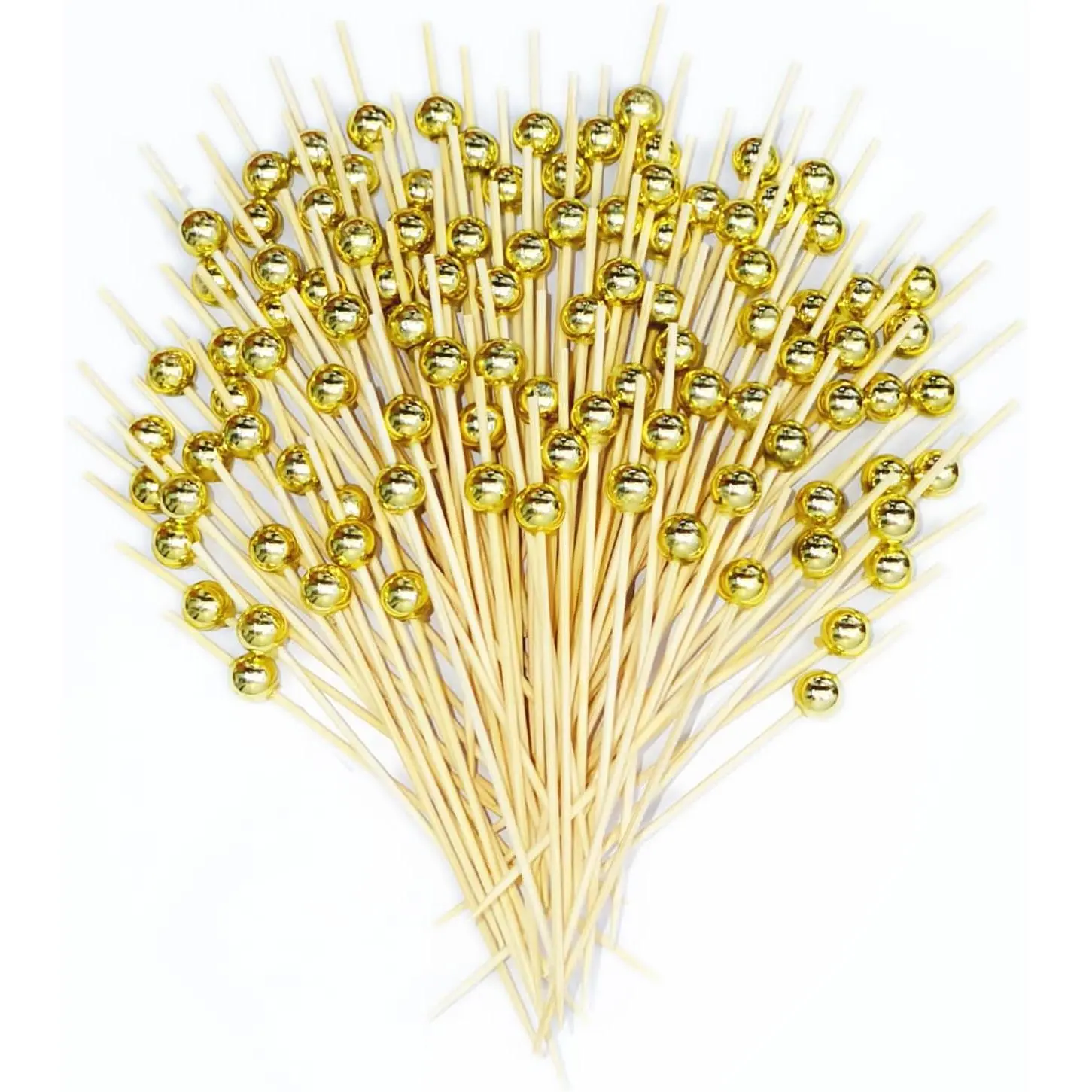 200PCS Cocktail Picks, Fancy Toothpicks for Appetizers, Decorative Skewers for Appetizers Drinks Party Fruit, 4.7 Inch Long Wooden Bamboo Gold Ball Food Sticks Charcuterie Boards Accessories