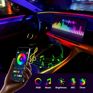 Smart Car Interior Ambient Lights Dashboard 64LED Strip with App Remote Control - USB RGB Music Sync Sound Activated Rhythm Atmosphere Lamp - DIY Cuttable Neon Optical Fiber Lighting Kit for Center Console Auto Decoration Accessories Universal