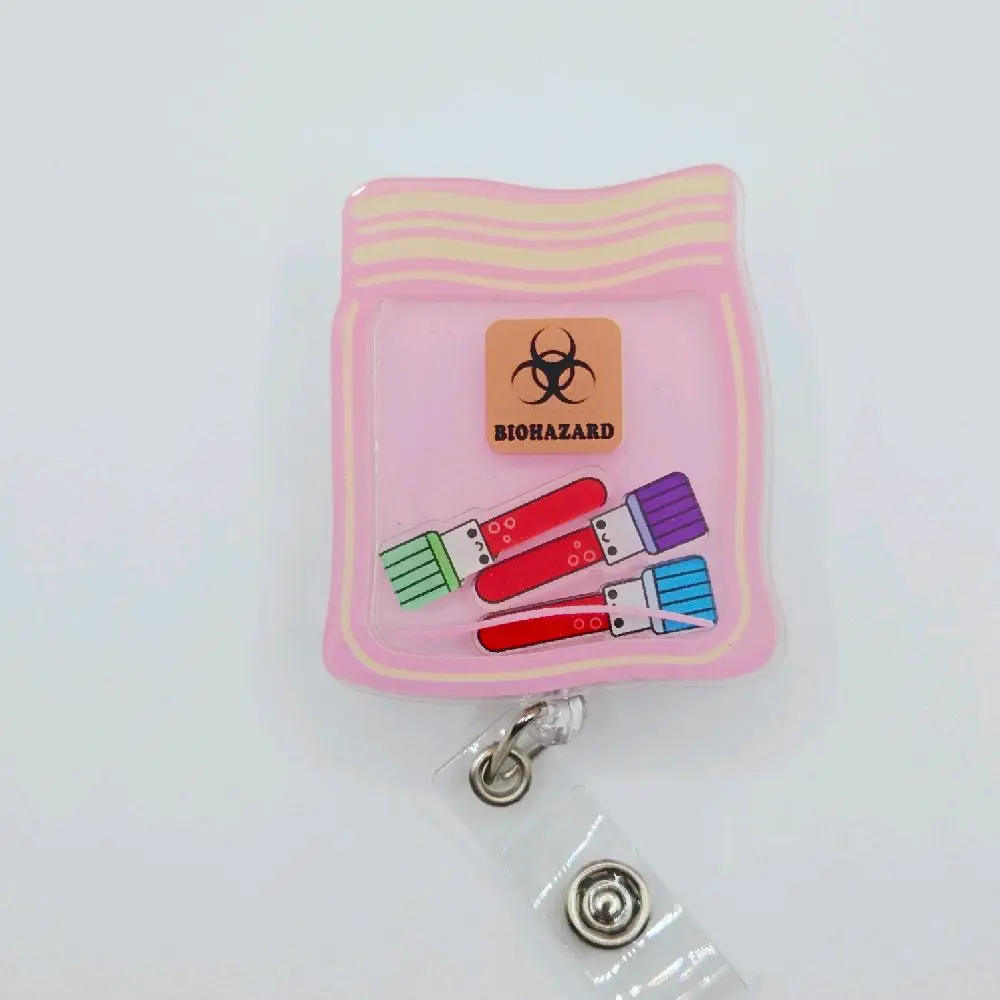 Pink Biohazard Bag with Blood Vacutainer Floating Charms Acrylic Retractable Badge ID Reel Belt or Alligator Clip