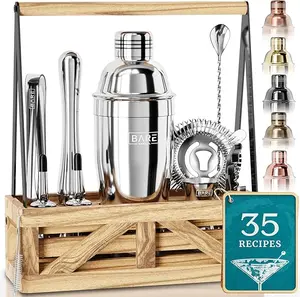 BARE BARREL Mixology Bartender Kit Bar Set | Martini Cocktail Shaker Set | Barware Mixing Tools for Home Bartending | Farmhouse Rustic Portable Caddy & 35 Recipe Cards | Gift Set (Polished Silver.)