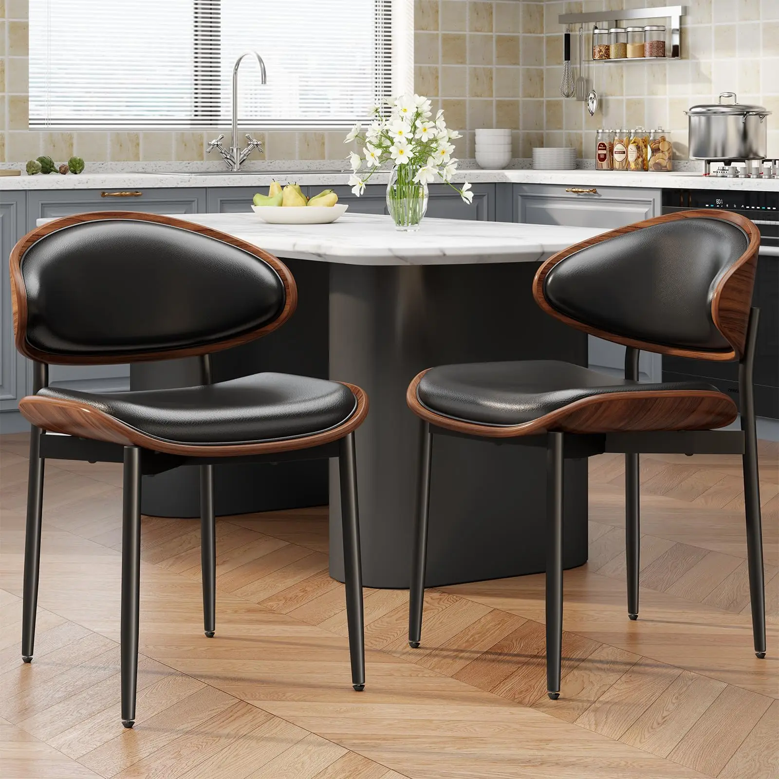 Aowos Dining Chairs, Mid-Century Modern PU Leather Upholstered Dining Chairs with Walnut Bentwood Backrest, Metal Legs and Adjustable Leveling Feet, Side Chairs for Kitchen, Dining Room, Living Room, Black PU Leather