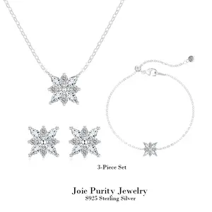 S925 Sterling Silver 3-Piece Set for Women | Star Sparkle Jewelry | Delicate Shiny Necklace Earrings Bracelet | Gift for Her