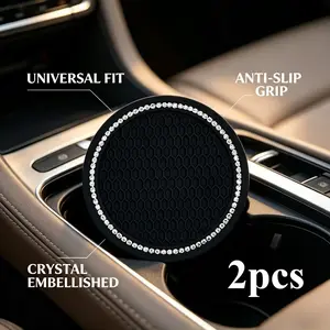 2-Pack Rhinestone Car Cup Holder Coasters, Round Soft Rubber Non-Slip Mat, Universal Car Interior Decor, Asian Style