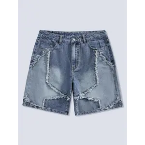 2025 European And American Retro Street American High Street Star Shape Grinding Spliced loose Denim Shorts Men And Women Summer Summer