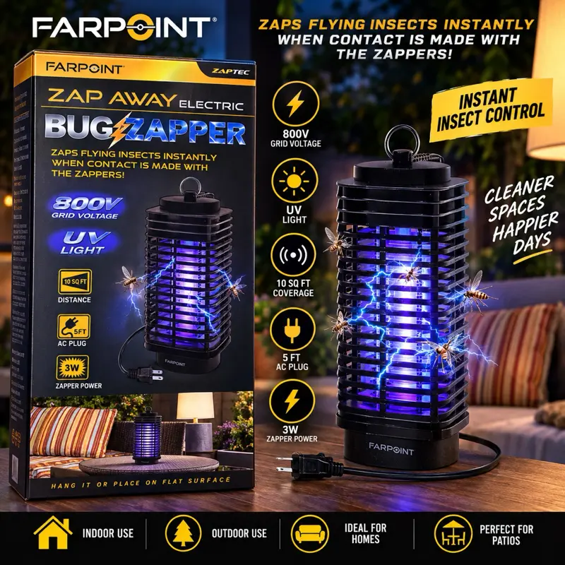$60 Farpoint Zap Away Electric Bug Zapper 300V Grid Voltage UV Light 10 SQ FT Coverage 5 FT AC Plug Instant Insect Control for Homes Patios