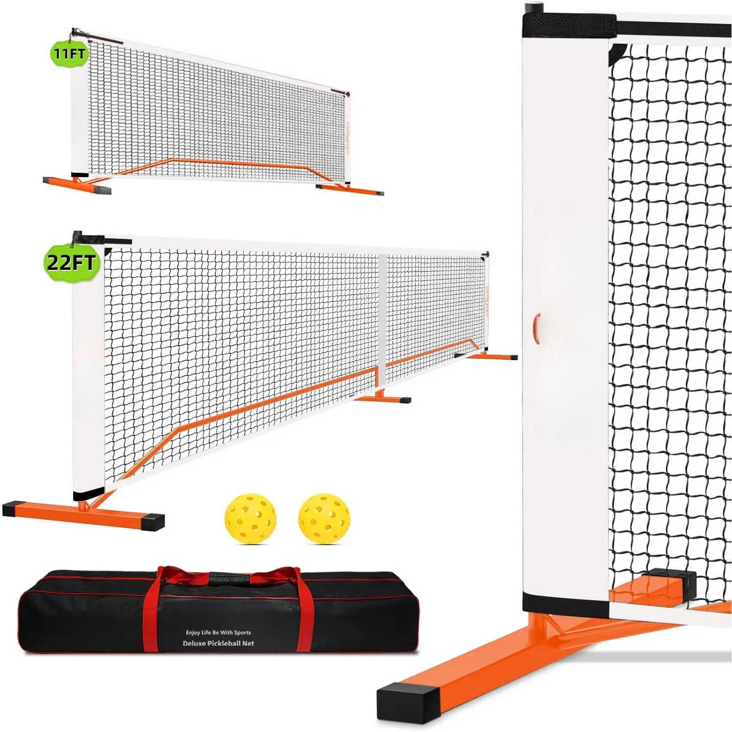 Portable Pickleball Net for Driveway, 22 FT Regulation Size & 11 FT Half Court Size Pickle Ball Net with Pickleballs and Carry Bag, 2 in 1 Pickle Ball Net Set for Backyard Lightweight Mallet Putter with Alignment Light