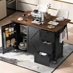 54.5" Farmhouse Kitchen Island with Power Outlet, Kitchen Storage Island with Internal Storage Rack, Drop Leaf, Spice Rack, Rolling Kitchen Cart on Wheels, for Home, Kitchen and Dining Room