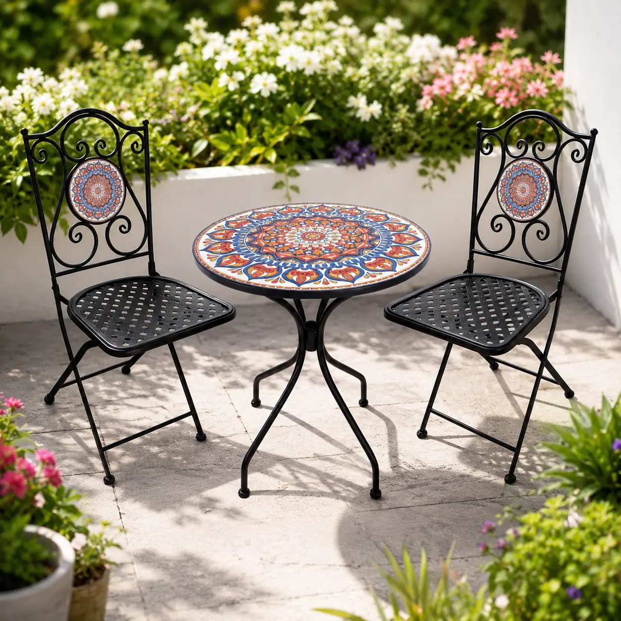 Classic Outdoor 2-Chair Dining Set with Colorful Mosaic Table - Patio Furniture Sets, for Garden-Patio Home Improvement & Garden Supplies Use