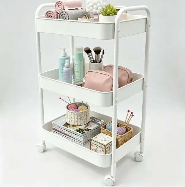 3-Layer Wheeled Multi-Purpose Storage Cart - Home Supplies Rolling Organizer with 3 Compartments, Rolling Wheels for Daily Balcony, Shoe & Hat Organization Needs