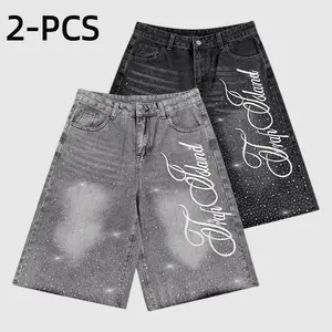 2-Pack Men's High Cotton Y2K Rhinestone Baggy Denim Shorts, Retro Gray Washed Jorts with Sparkling Starry Rhinestones & Cursive Script Print, Grunge Streetwear Casual Jean Shorts for Men
