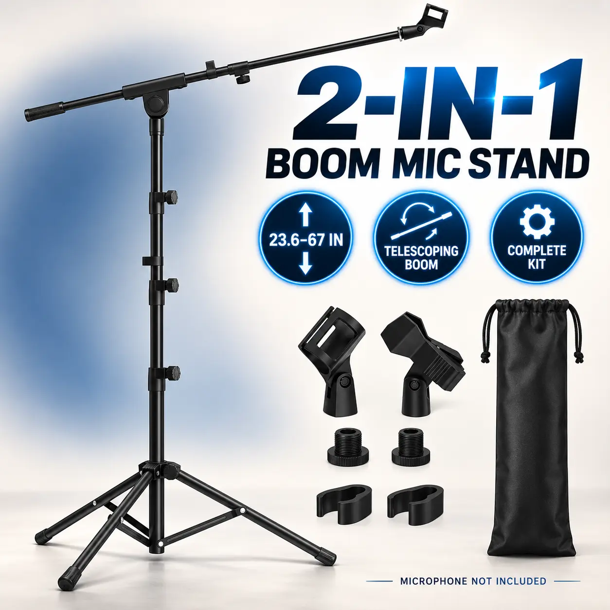 2-in-1 Mic Stand with Telescoping Boom Arm, 23.6–67 Inch Steel Tripod Microphone Stand with 2 Mic Clips, Cable Holders & Carry Bag for Stage, Studio & Singing