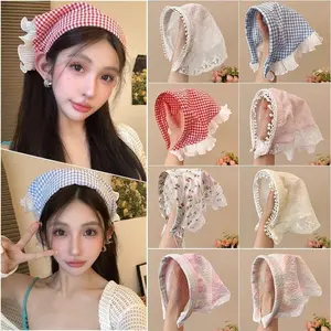 Rural Style Lace Headband New Blast Furnace Top Triangular Scarf Headband French Retro Checkered Sweet Cute Headscarf Headband