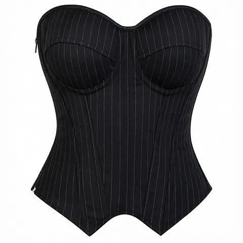 Novall Corset Tops for Women - Strapless Vertical Striped Cups-Included Bodycon Bustier, Black Slimming Side-Zipper Shapewear, Night Out Top for New Year, Elegance-Focused Womenswear Outfit