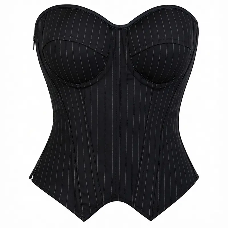 Novall Corset Tops for Women - Strapless Vertical Striped Cups-Included Bodycon Bustier, Black Slimming Side-Zipper Shapewear, Night Out Top for New Year, Elegance-Focused Womenswear Outfit